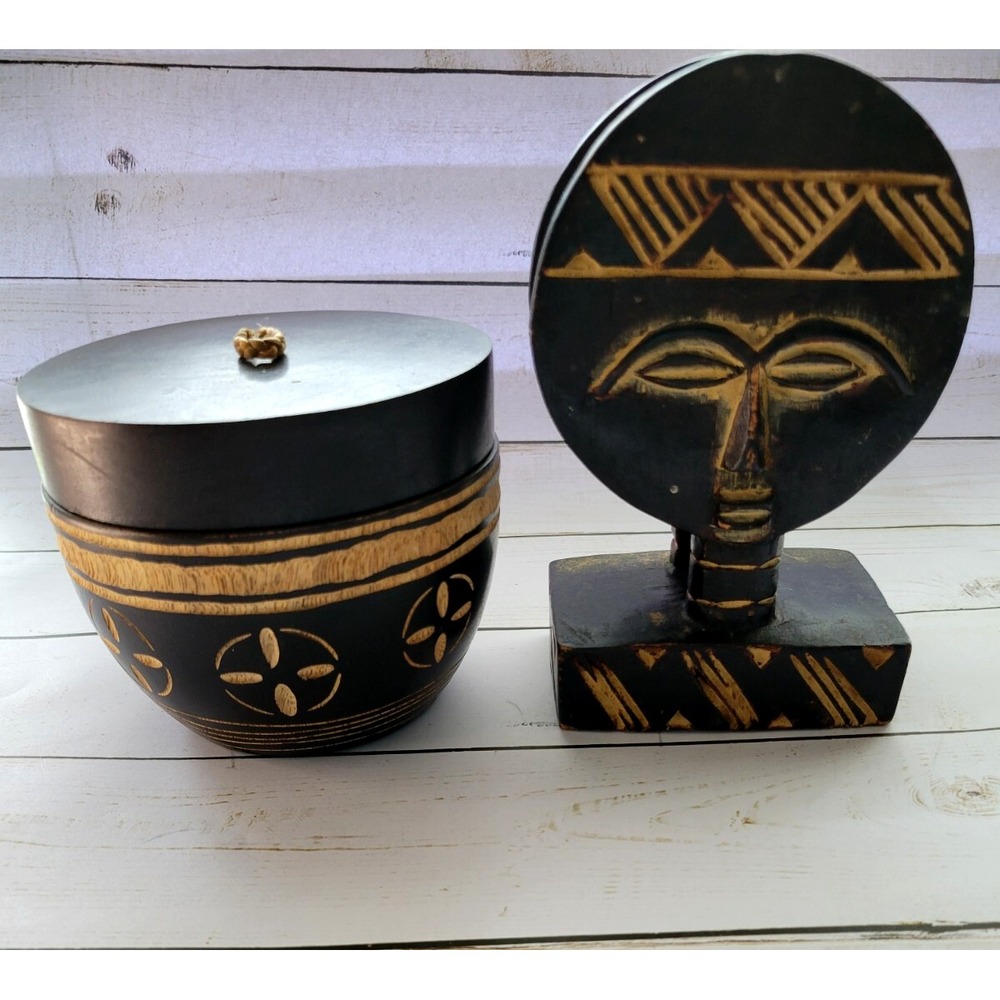 Hand Carved Wooden African Fertility Sculpture Two-Faced Bust/Ghana Wood Box 2pc